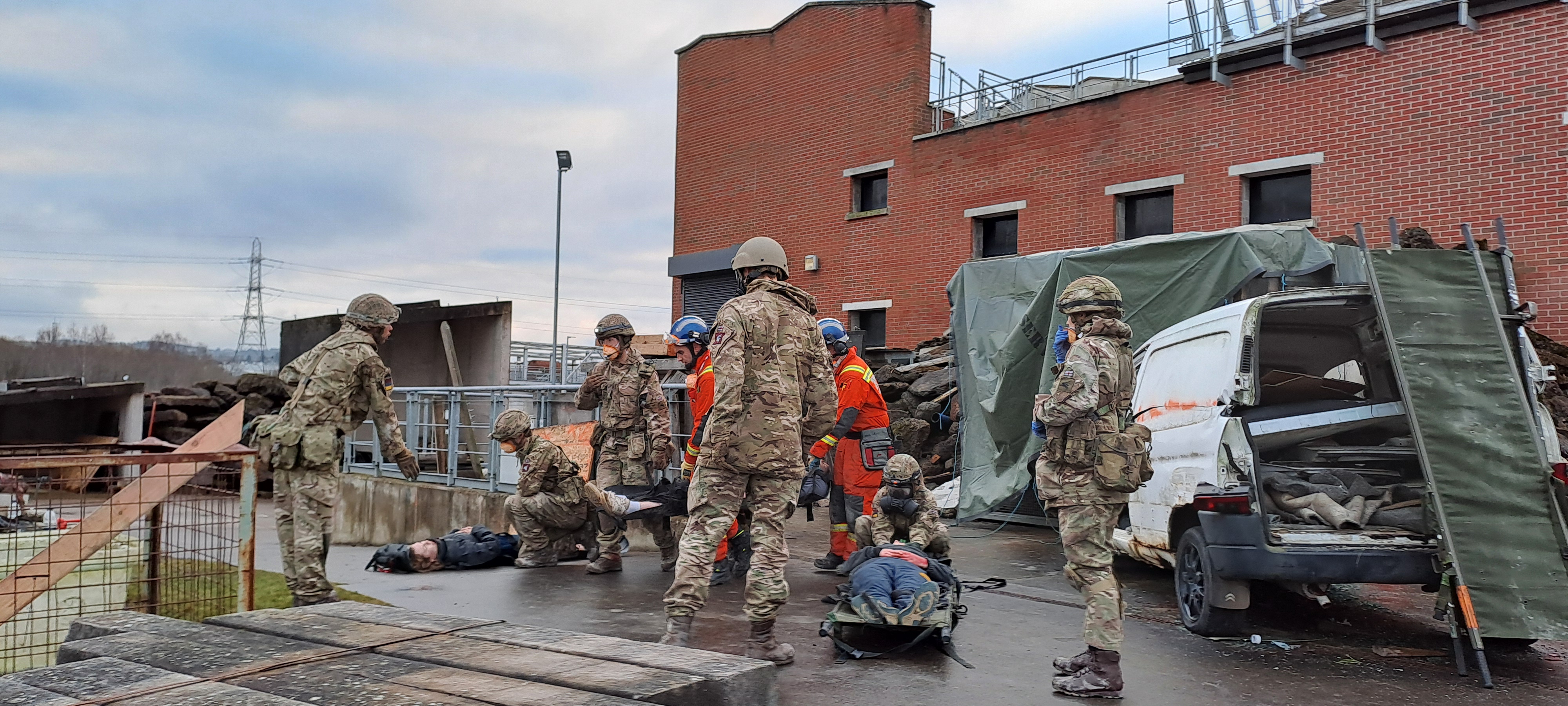 Fake casualties being rescued as part of a training exercise with Scottish Fire and Rescue and British Army