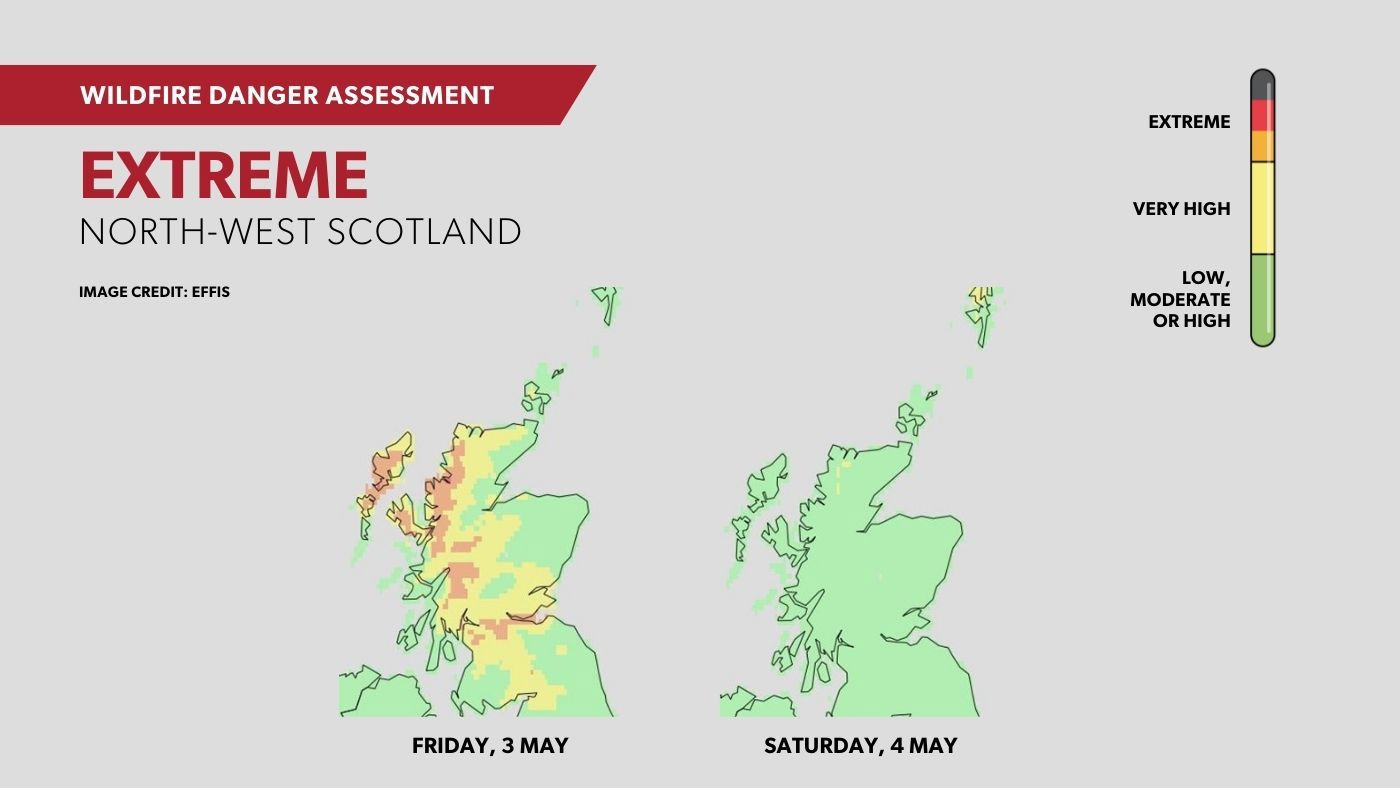 Map of wildfire warnings in north-west Scotland.