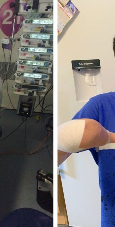 Riley in a hospital bed and in recovery