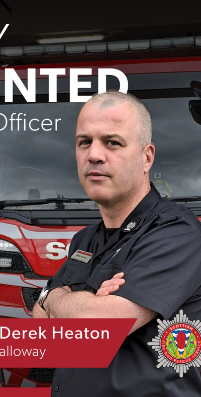 Local Senior Officer Derek Heaton stands in front of a fire appliance. Text content "Newly appointed Local Senior Officer. Area Commander Derek Heaton, LSO for Dumfries and Galloway