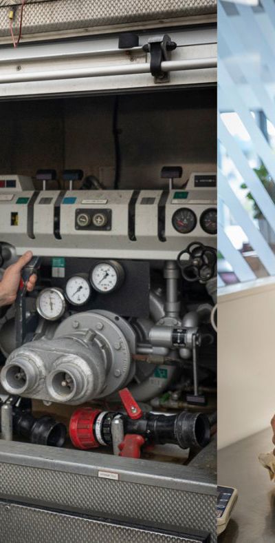 two photos of Graham Griffiths, one standing in front on an machine and another making dough in kitchen